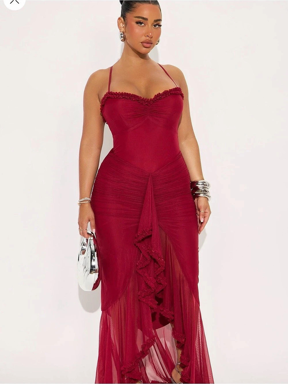 Fashion Nova Ruched Mesh Maxi Dress in Red Size Medium